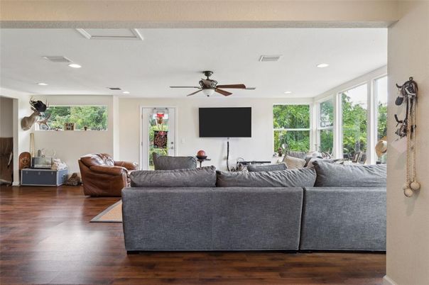 Interior, Living room, Recessed Lighting, Wood Texture Flooring