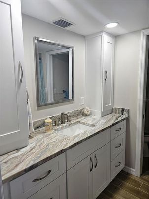 Bathroom, Interior, Recessed Lighting, Wood Texture Flooring
