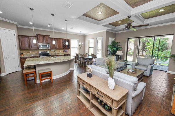 Dining room, Interior, Kitchen, Living room, Pendant Lights, Recessed Lighting, Wood Texture Flooring