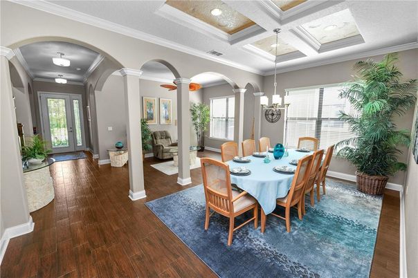 Dining room, Interior, Recessed Lighting, Wood Texture Flooring