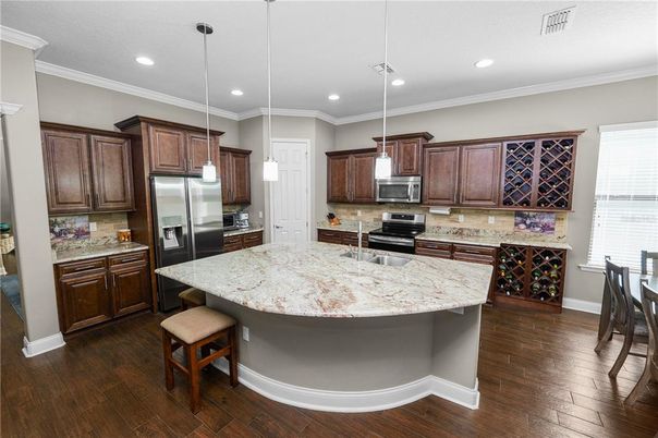 Interior, Kitchen, Pendant Lights, Recessed Lighting, Stainless Steel Appliances, Wood Texture Flooring