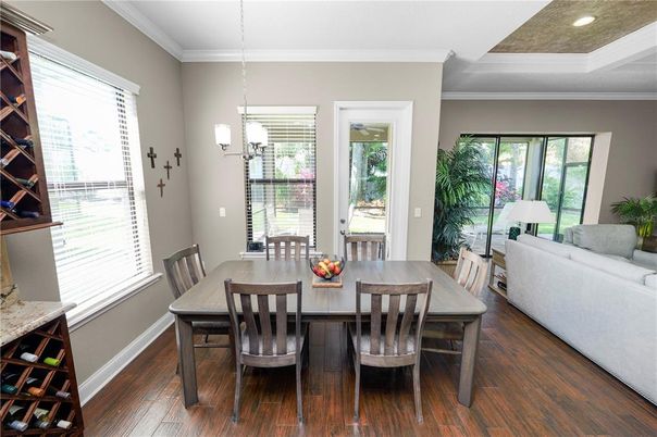 Dining room, Interior, Pendant Lights, Recessed Lighting, Wood Texture Flooring