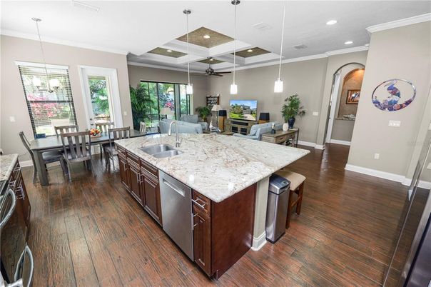 Dining room, Interior, Kitchen, Living room, Pendant Lights, Recessed Lighting, Wood Texture Flooring