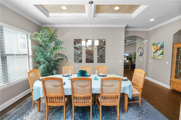 Chandelier, Dining room, Interior, Pendant Lights, Recessed Lighting, Wood Texture Flooring