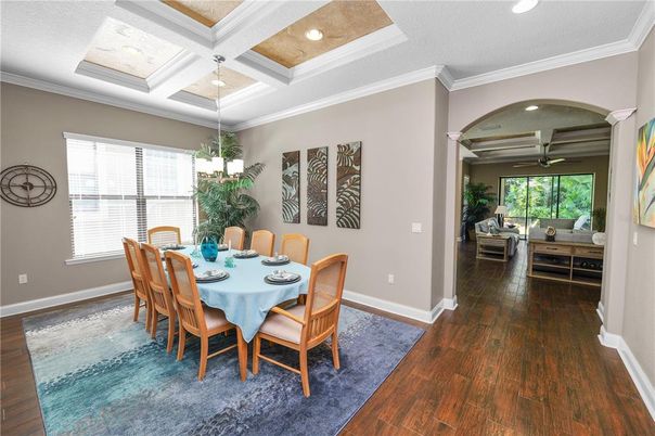 Dining room, Interior, Recessed Lighting, Wood Texture Flooring