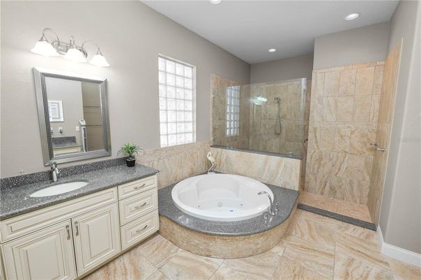 Bathroom, Dual Sink Vanities, Glass Shower, Interior, Recessed Lighting