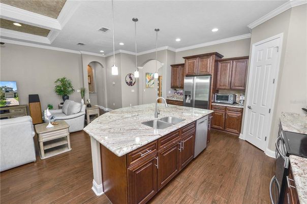 Interior, Kitchen, Pendant Lights, Recessed Lighting, Stainless Steel Appliances, Wood Texture Flooring