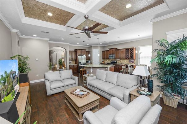 Interior, Kitchen, Living room, Pendant Lights, Recessed Lighting, Stainless Steel Appliances, Wood Texture Flooring