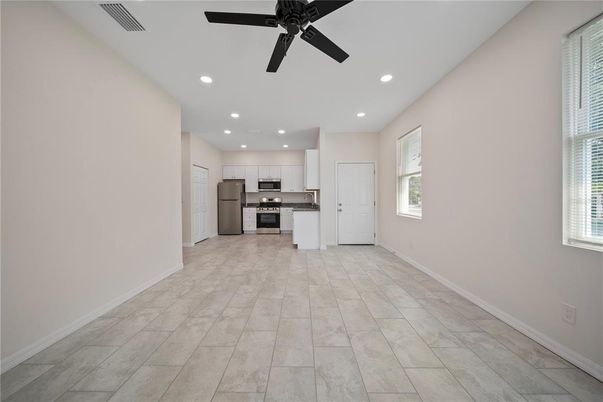 Empty room, Interior, Kitchen, Recessed Lighting, Stainless Steel Appliances
