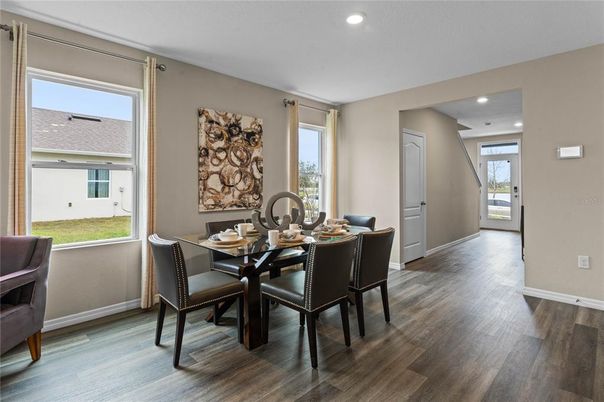 Dining room, Interior, Recessed Lighting, Wood Texture Flooring