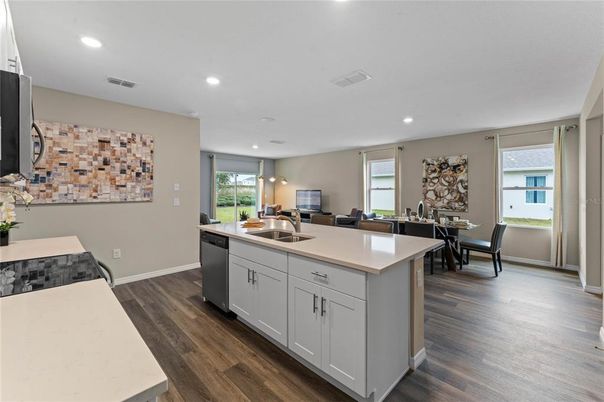 Dining room, Interior, Kitchen, Recessed Lighting, Wood Texture Flooring