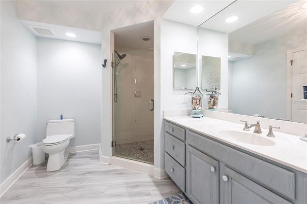 Bathroom, Glass Shower, Interior, Recessed Lighting, Wood Texture Flooring