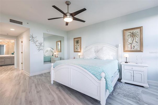 Bedroom, Interior, Recessed Lighting, Wood Texture Flooring