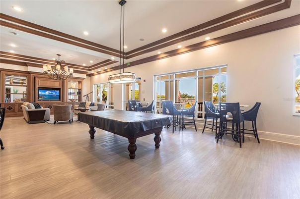 Billiard Table, Chandelier, Dining room, Game Room, Interior, Living room, Pendant Lights, Recessed Lighting, Wood Texture Flooring
