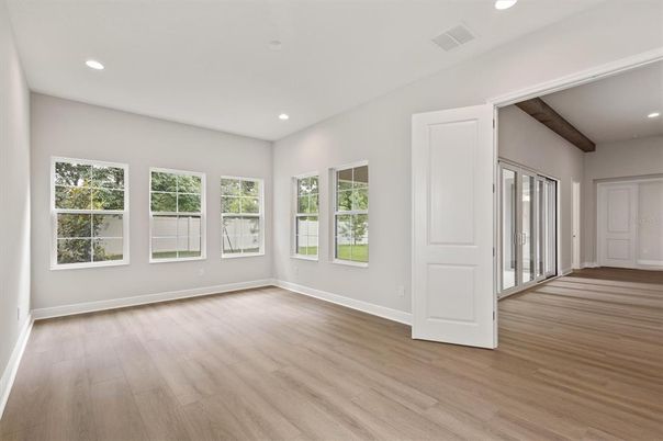 Empty room, Interior, Recessed Lighting, Wooden Beams, Wood Texture Flooring