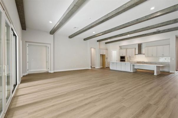 Empty room, Interior, Kitchen, Recessed Lighting, Wooden Beams, Wood Texture Flooring
