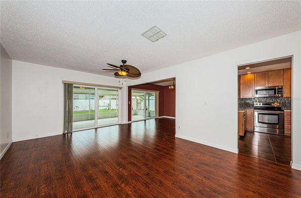 Empty room, Interior, Kitchen, Recessed Lighting, Wood Texture Flooring