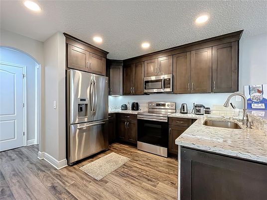 Interior, Kitchen, Recessed Lighting, Stainless Steel Appliances, Wood Texture Flooring