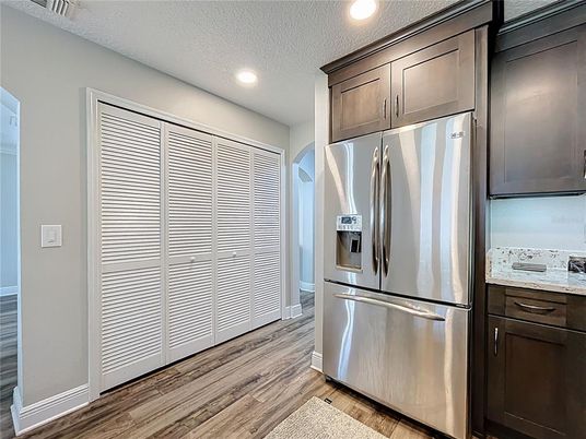 Interior, Kitchen, Recessed Lighting, Stainless Steel Appliances, Wood Texture Flooring
