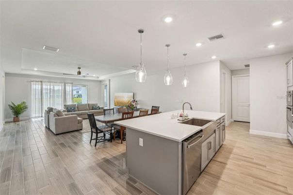 Dining room, Interior, Kitchen, Living room, Pendant Lights, Recessed Lighting, Wood Texture Flooring