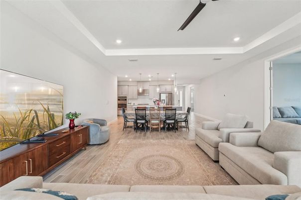 Dining room, Interior, Kitchen, Living room, Pendant Lights, Recessed Lighting, Wood Texture Flooring