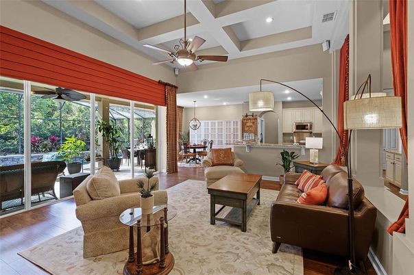 Dining room, Interior, Kitchen, Living room, Recessed Lighting, Stainless Steel Appliances, Wood Texture Flooring