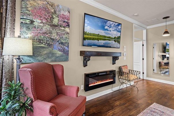 Fireplace, Interior, Pendant Lights, Wood Texture Flooring