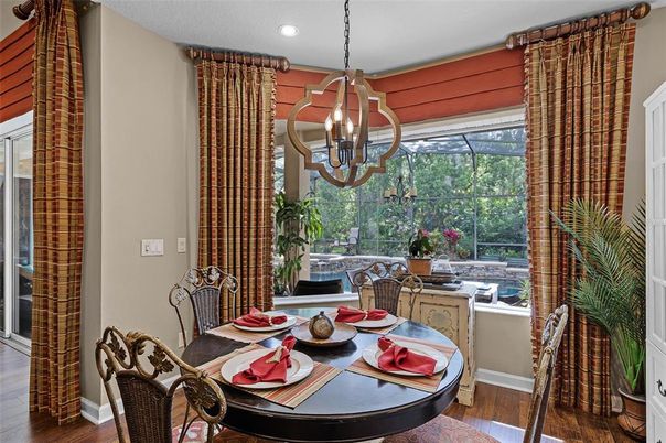 Chandelier, Dining room, Interior, Pendant Lights, Recessed Lighting, Sun Room, Wood Texture Flooring