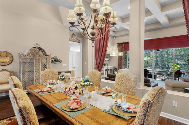 Chandelier, Dining room, Interior, Recessed Lighting, Wood Texture Flooring