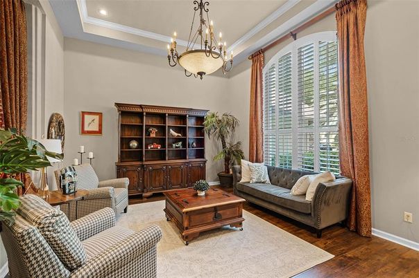 Chandelier, Interior, Living room, Pendant Lights, Recessed Lighting, Wood Texture Flooring