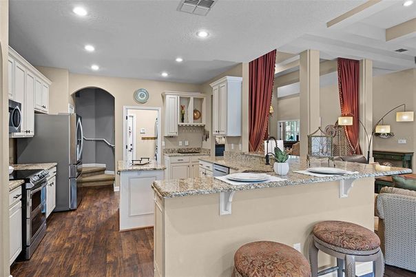 Interior, Kitchen, Recessed Lighting, Stainless Steel Appliances, Wood Texture Flooring