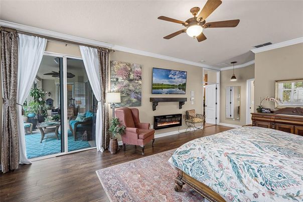 Bedroom, Fireplace, Interior, Pendant Lights, Wood Texture Flooring