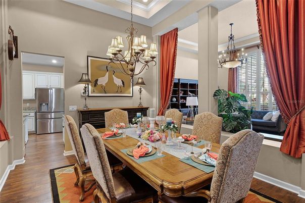 Chandelier, Dining room, Interior, Kitchen, Pendant Lights, Recessed Lighting, Stainless Steel Appliances, Wood Texture Flooring