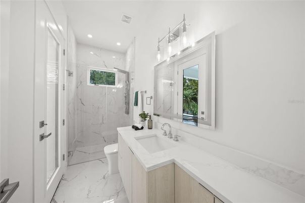 Bathroom, Glass Shower, Interior, Marble, Marble Walls, Recessed Lighting