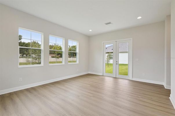 Empty room, Interior, Recessed Lighting, Wood Texture Flooring