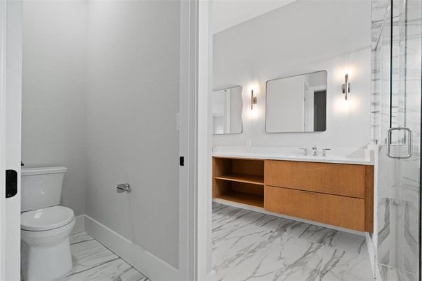 Bathroom, Dual Sink Vanities, Glass Shower, Interior, Marble