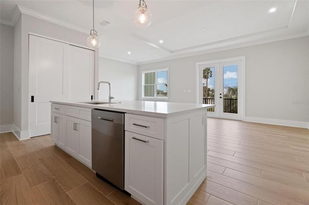 Interior, Kitchen, Pendant Lights, Recessed Lighting, Stainless Steel Appliances, Wood Texture Flooring