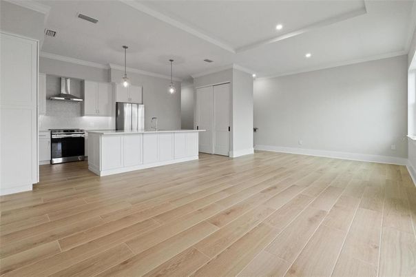 Interior, Kitchen, Pendant Lights, Recessed Lighting, Stainless Steel Appliances, Wood Texture Flooring