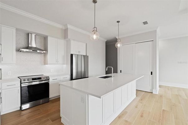 Interior, Kitchen, Pendant Lights, Stainless Steel Appliances, Wood Texture Flooring