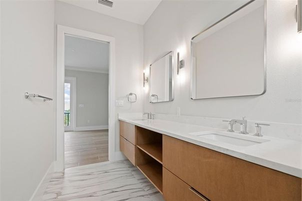 Bathroom, Dual Sink Vanities, Interior, Marble, Wood Texture Flooring