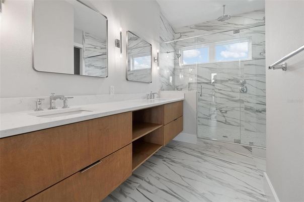 Bathroom, Dual Sink Vanities, Glass Shower, Interior, Marble, Marble Walls