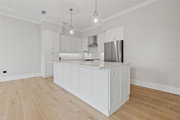 Interior, Kitchen, Pendant Lights, Stainless Steel Appliances, Wood Texture Flooring