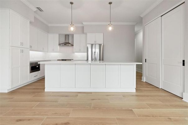 Interior, Kitchen, Pendant Lights, Stainless Steel Appliances, Wood Texture Flooring