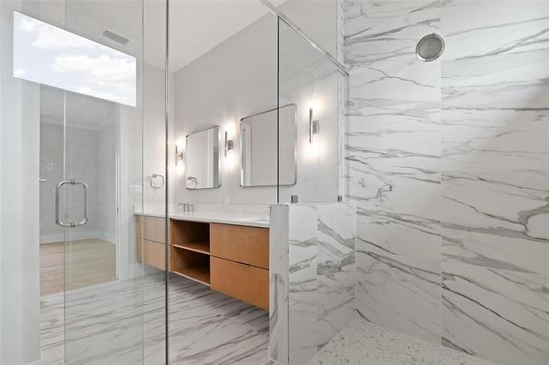 Bathroom, Dual Sink Vanities, Glass Shower, Interior, Marble, Marble Walls