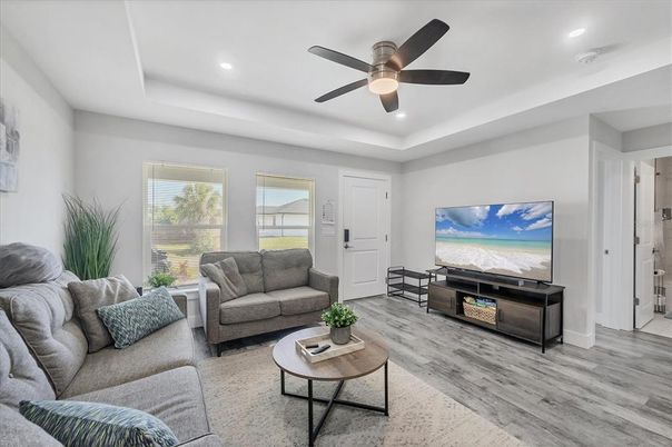 Interior, Living room, Recessed Lighting, Wood Texture Flooring