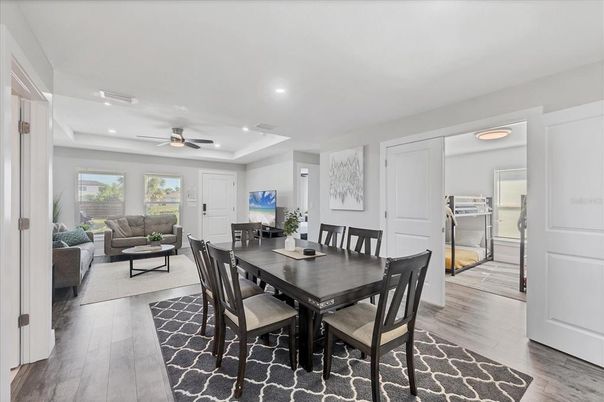 Dining room, Interior, Kitchen, Living room, Recessed Lighting, Wood Texture Flooring