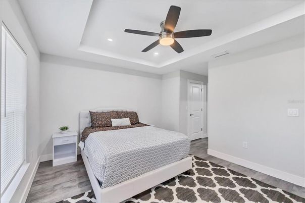 Bedroom, Interior, Recessed Lighting, Wood Texture Flooring