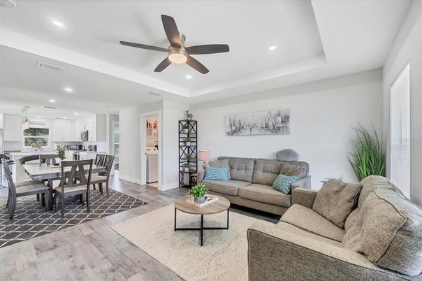 Dining room, Interior, Kitchen, Living room, Recessed Lighting, Wood Texture Flooring
