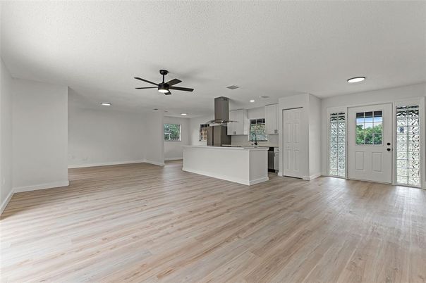 Empty room, Interior, Kitchen, Recessed Lighting, Wood Texture Flooring
