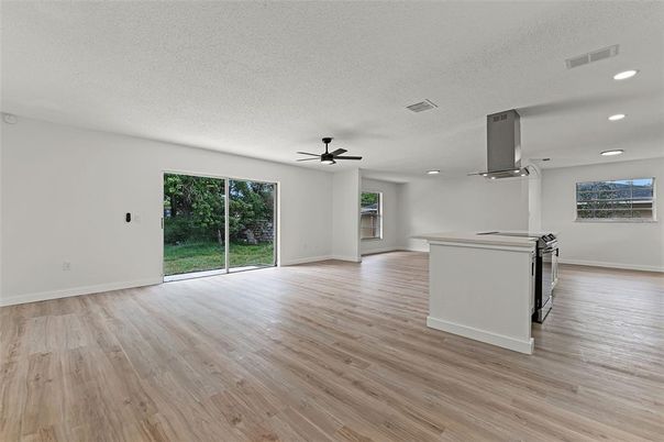Empty room, Interior, Kitchen, Recessed Lighting, Wood Texture Flooring